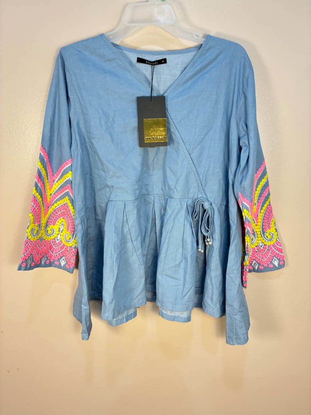 Khaadi Embroidered Sleeve Pearl Detail Peplum Hem Chambray Blouse